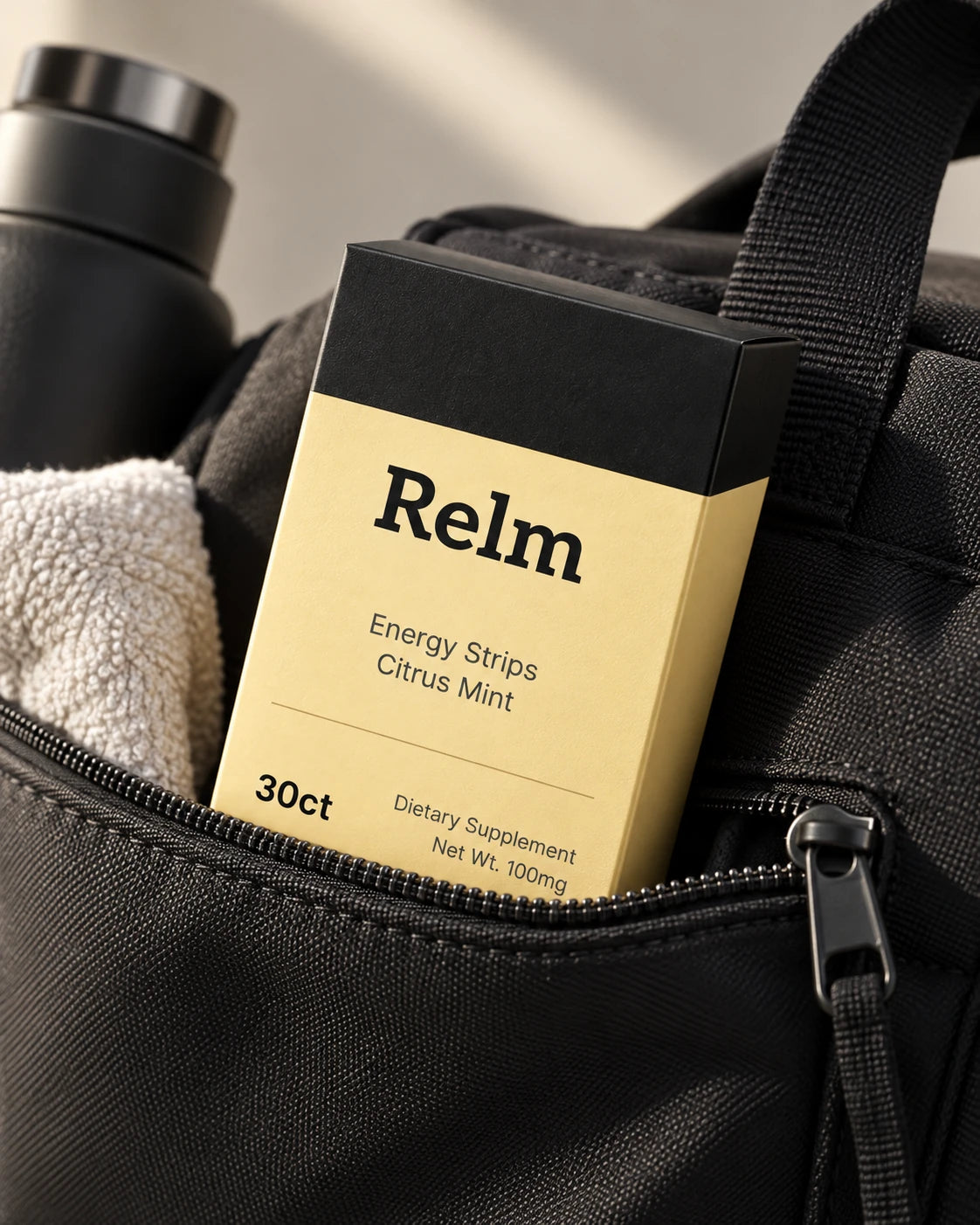 A Relm pack in the front pocket of a gym bag