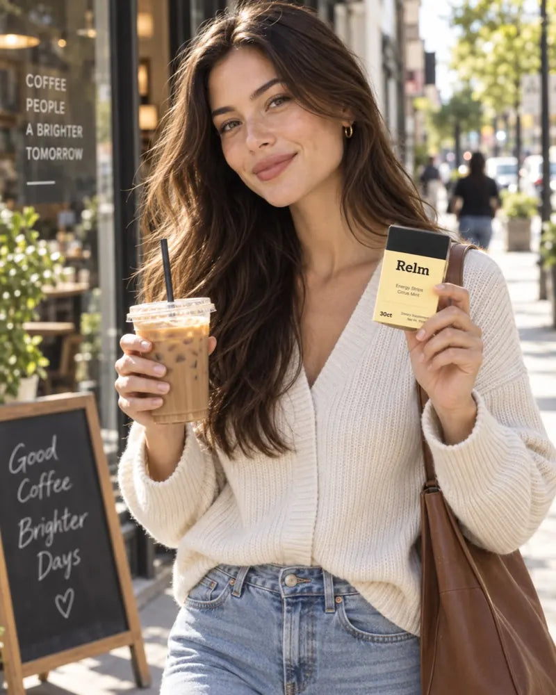 A woman on a sidewalk holding an iced coffee in one hand and a Relm pack in the other