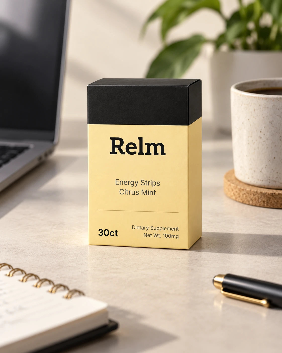A Relm pack on a desk next to a laptop and a cup of coffee